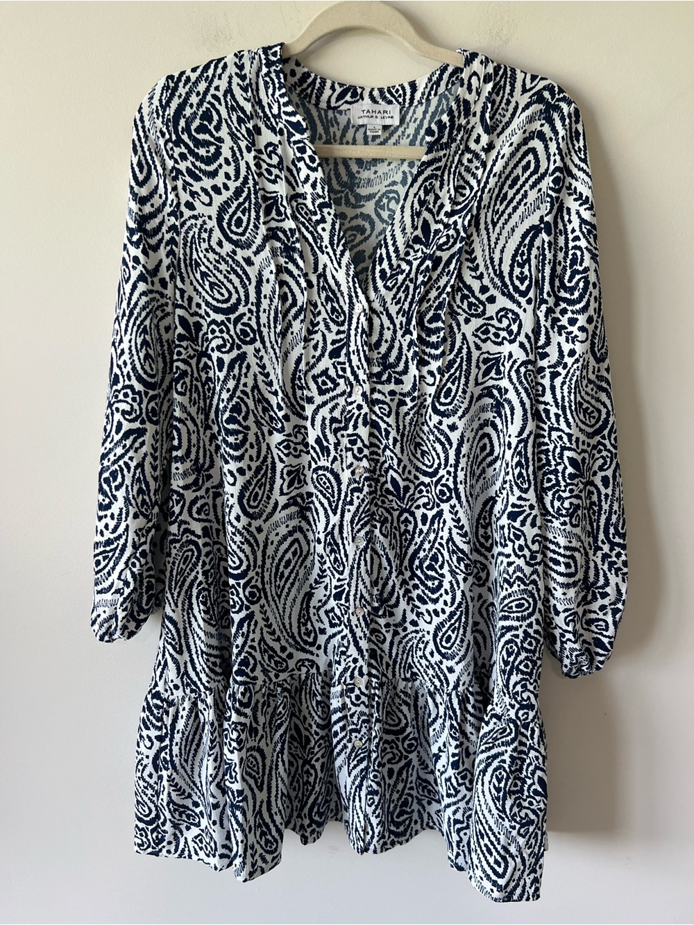 Tahari Navy & White Paisley Ruffle Hem V-Neck Button Front Mini Dress
